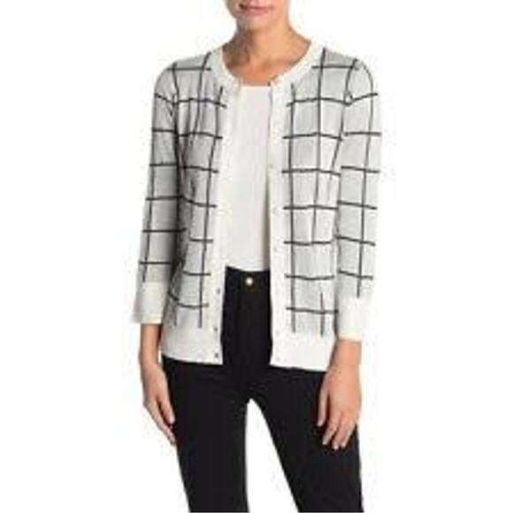 NWT Halogen Contemporary Plaid Checkered Stretch Button Down Cardigan Sweater Md - Picture 1 of 14
